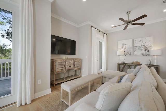 living room featuring ceiling fan, crown molding, and light hardwood / wood-style floors