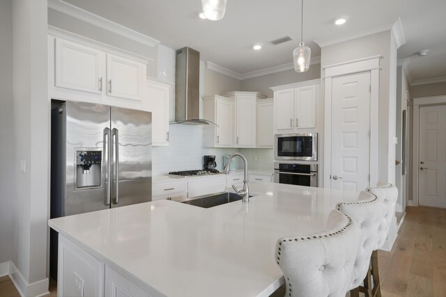 kitchen featuring white cabinets, wall chimney exhaust hood, sink, and stainless steel appliances