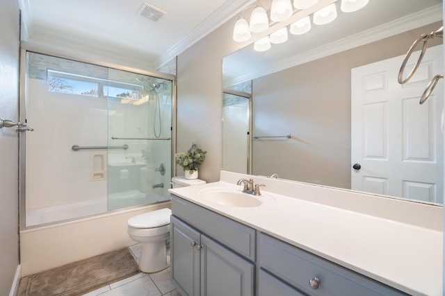 full bathroom with vanity, crown molding, enclosed tub / shower combo, and toilet