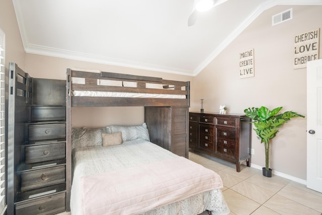 tiled bedroom featuring vaulted ceiling, ceiling fan, and crown molding