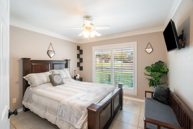 tiled bedroom featuring crown molding and ceiling fan