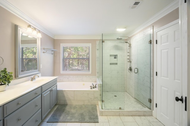 bathroom featuring vanity, ornamental molding, and plus walk in shower