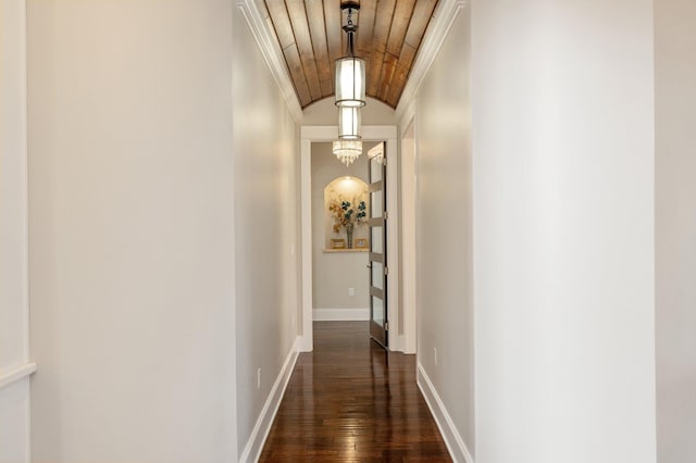 corridor with dark wood-type flooring and crown molding