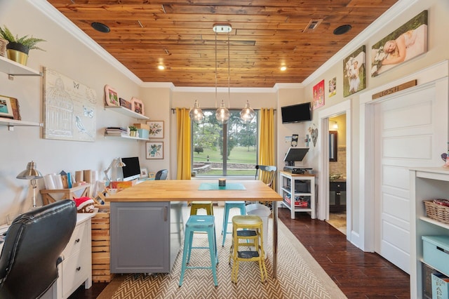 office area featuring crown molding, wood ceiling, and dark wood-type flooring