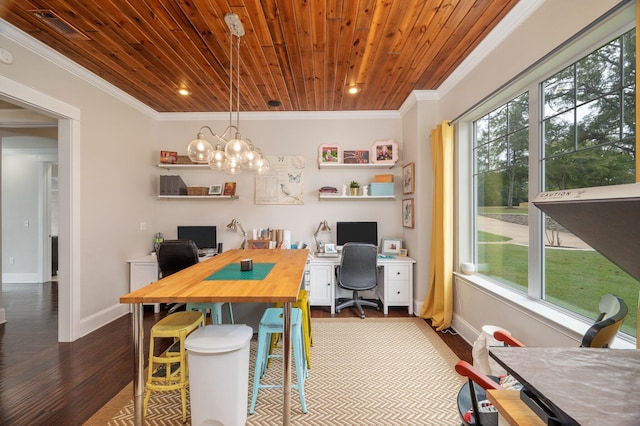 office featuring wood ceiling, an inviting chandelier, crown molding, and dark wood-type flooring