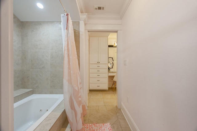 bathroom featuring shower / bathtub combination with curtain, ornamental molding, and tile patterned floors