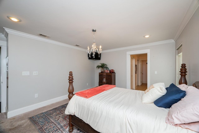 bedroom featuring ornamental molding, an inviting chandelier, and carpet flooring