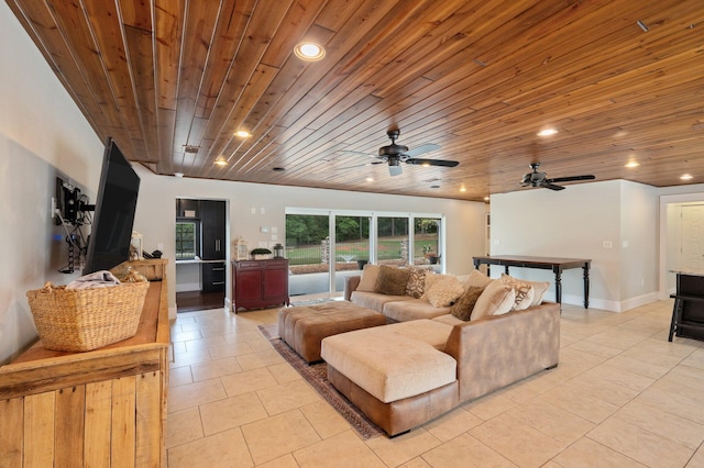 tiled living room featuring ceiling fan and wooden ceiling