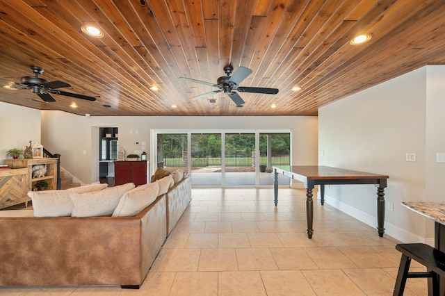 tiled living room with ceiling fan and wood ceiling