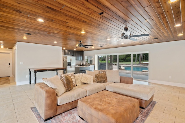 tiled living room with wood ceiling