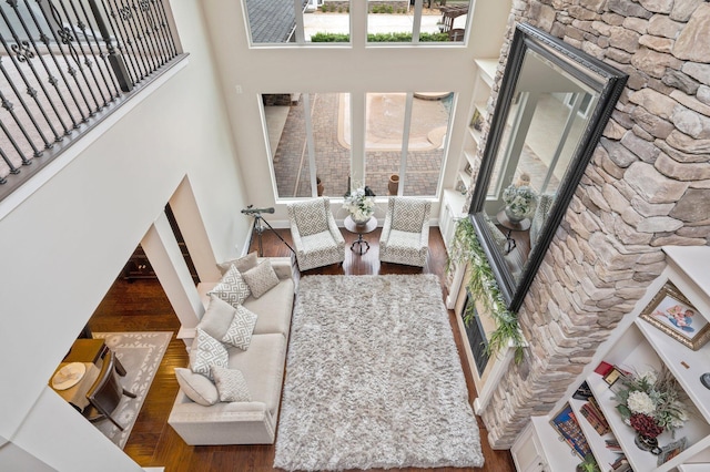 living room featuring a high ceiling, dark hardwood / wood-style flooring, and a fireplace