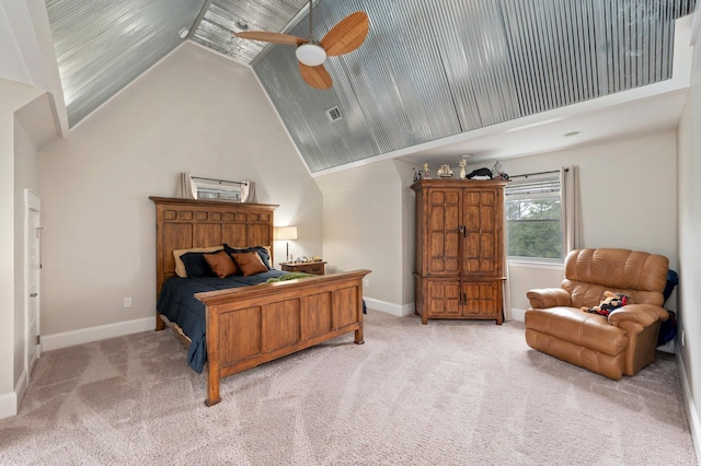 bedroom featuring high vaulted ceiling, light carpet, and ceiling fan