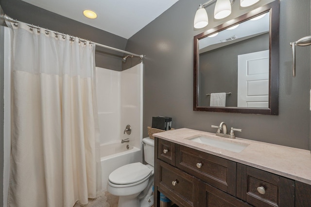 full bathroom with shower / bathtub combination with curtain, vanity, and toilet