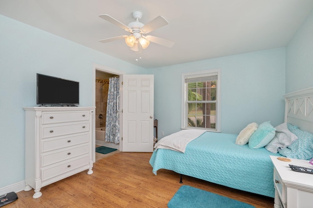 bedroom featuring ceiling fan and light wood-type flooring