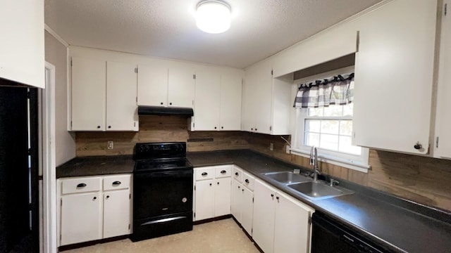 kitchen with tasteful backsplash, a textured ceiling, black appliances, white cabinets, and sink