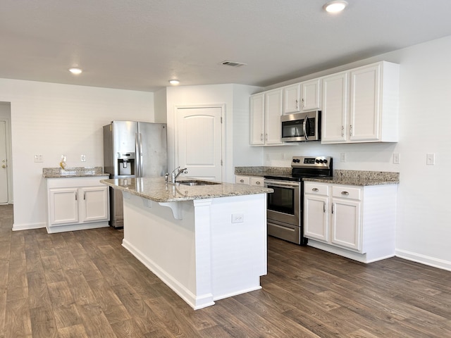 kitchen with appliances with stainless steel finishes, sink, a center island with sink, and white cabinets