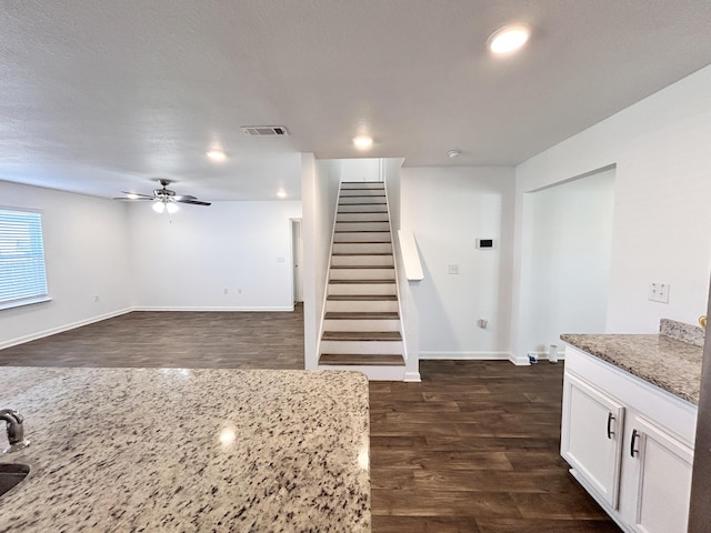 kitchen featuring dark hardwood / wood-style flooring, ceiling fan, light stone countertops, and white cabinets