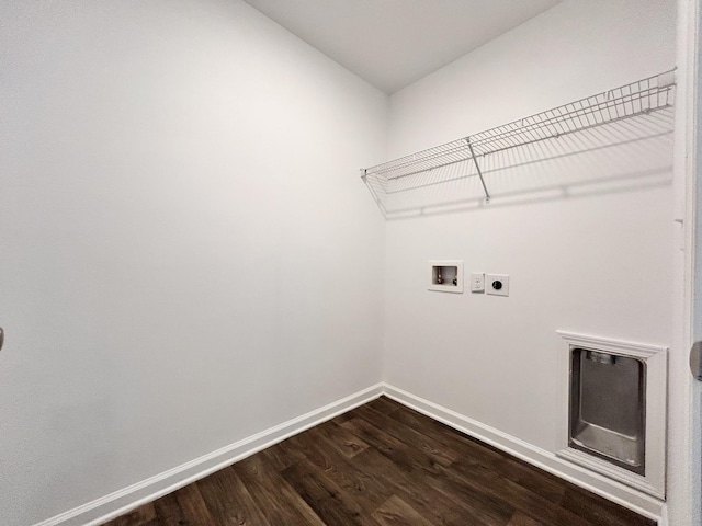 laundry area with electric dryer hookup, hookup for a washing machine, and hardwood / wood-style flooring