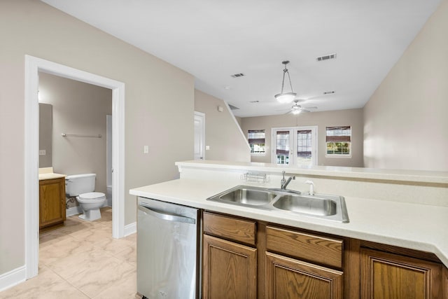 kitchen featuring sink, ceiling fan, and dishwasher