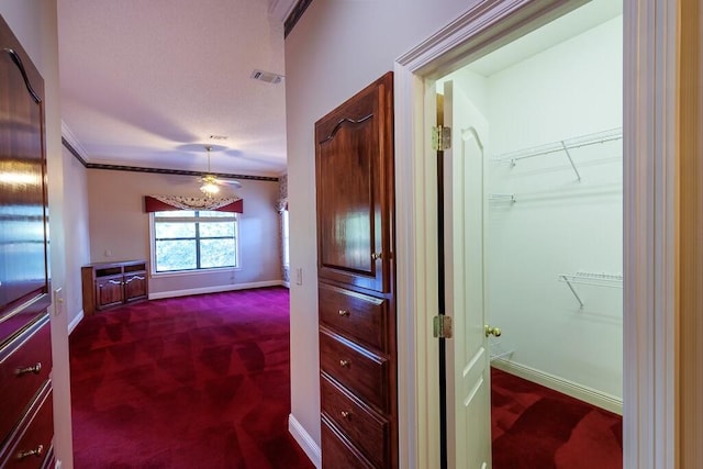 hallway featuring ornamental molding and carpet flooring