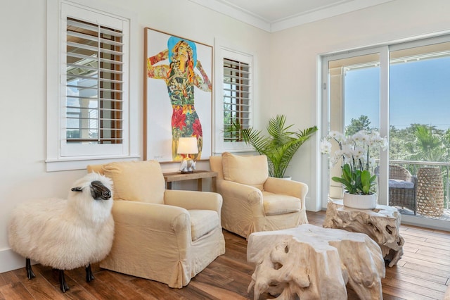 sitting room featuring crown molding and wood-type flooring