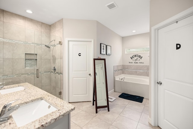 bathroom with vanity, separate shower and tub, and tile patterned floors