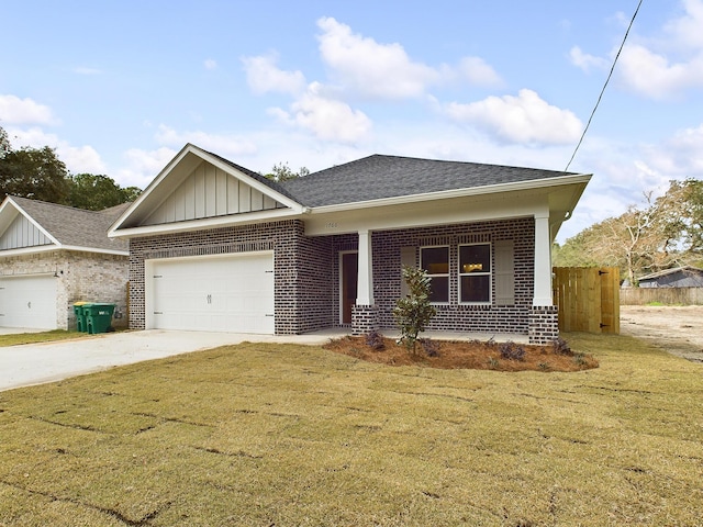 view of front of house with brick siding, concrete driveway, an attached garage, board and batten siding, and a front lawn