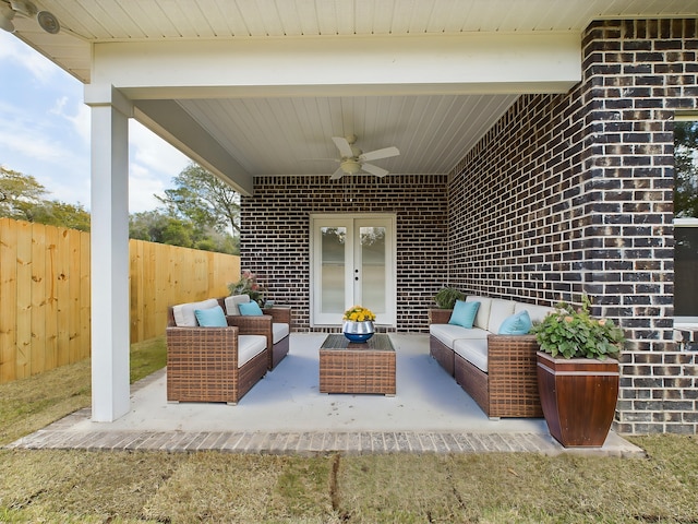 view of patio / terrace featuring ceiling fan, french doors, outdoor lounge area, and fence