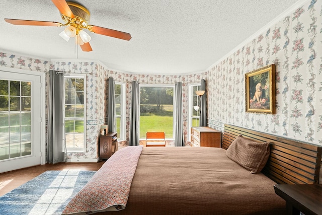 bedroom featuring ceiling fan, ornamental molding, access to outside, and a textured ceiling