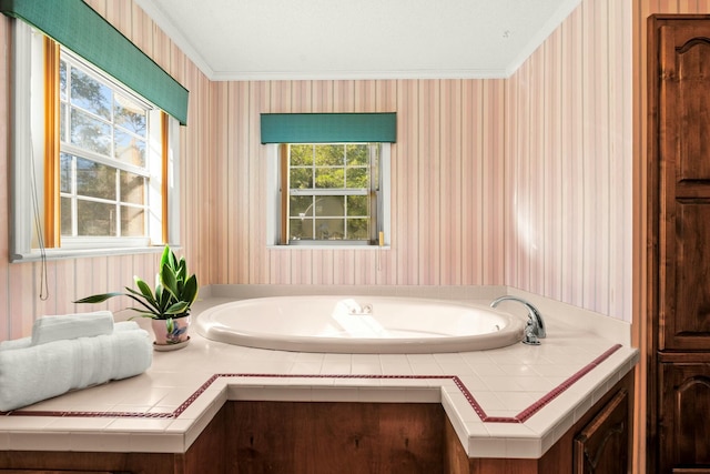 bathroom featuring a tub and ornamental molding