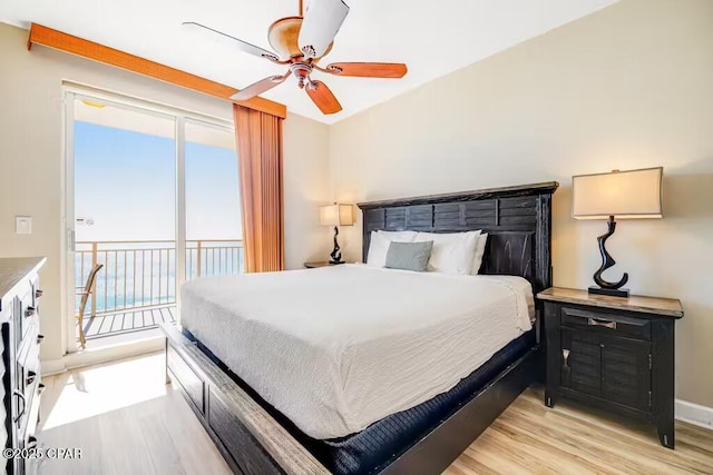 bedroom with access to outside, light wood-type flooring, and ceiling fan