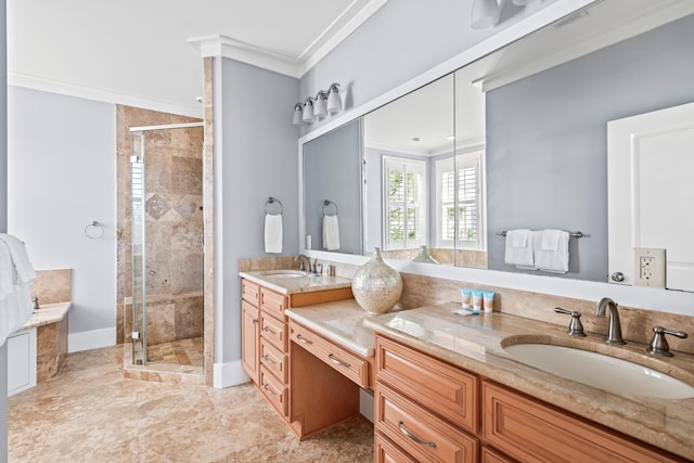 bathroom featuring vanity, crown molding, and separate shower and tub