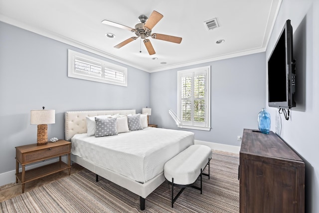 bedroom featuring ceiling fan and crown molding