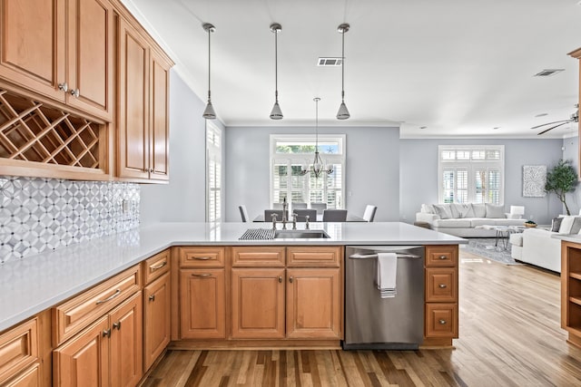 kitchen featuring sink, hanging light fixtures, dishwasher, and kitchen peninsula