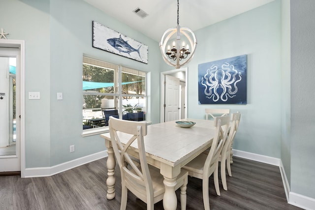 dining area with dark wood-type flooring and a chandelier