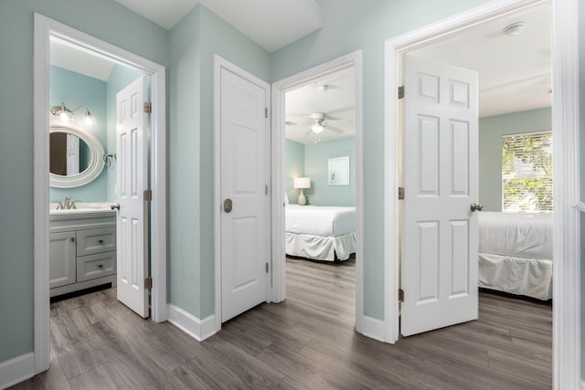 hall with wood-type flooring and sink