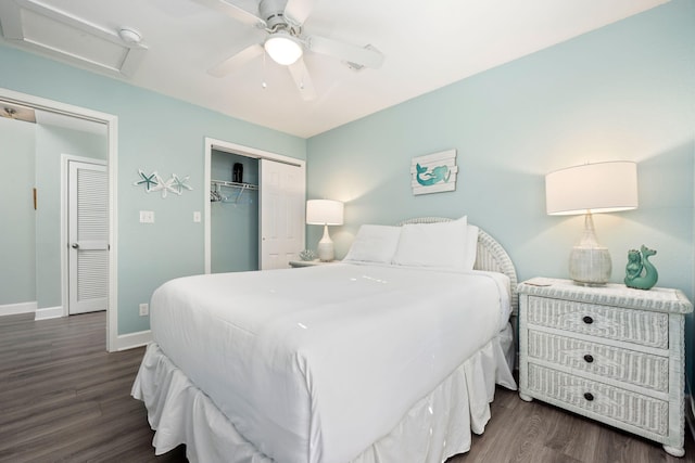 bedroom featuring ceiling fan, dark hardwood / wood-style flooring, and a closet