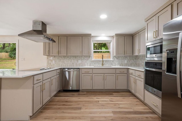 kitchen featuring island exhaust hood, light hardwood / wood-style floors, stainless steel appliances, sink, and backsplash