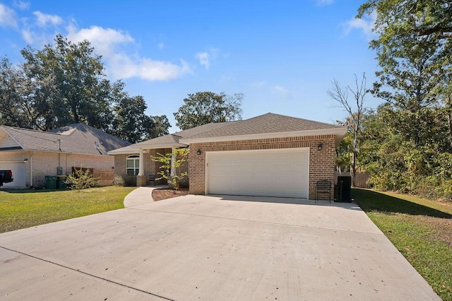 ranch-style home featuring a front yard and a garage