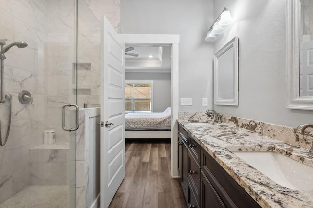 bathroom with a raised ceiling, vanity, walk in shower, and hardwood / wood-style floors