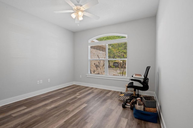 sitting room with wood-type flooring and ceiling fan