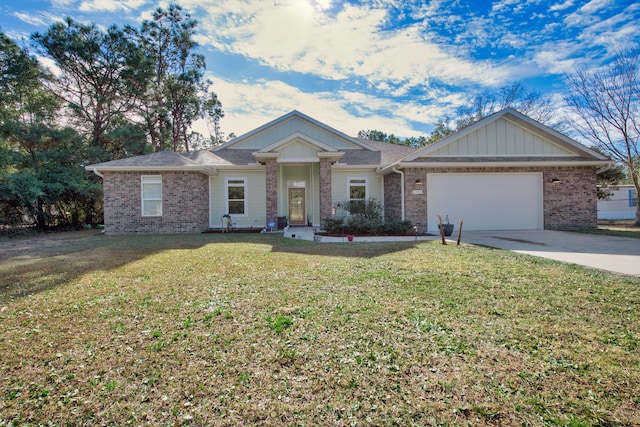 single story home with a front yard and a garage