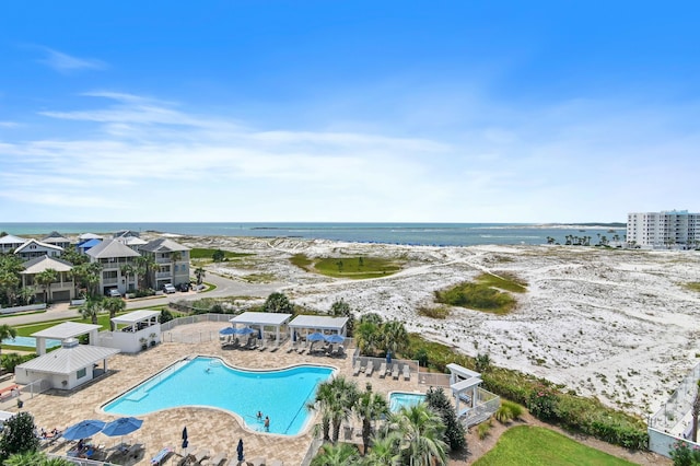 bird's eye view with a water view