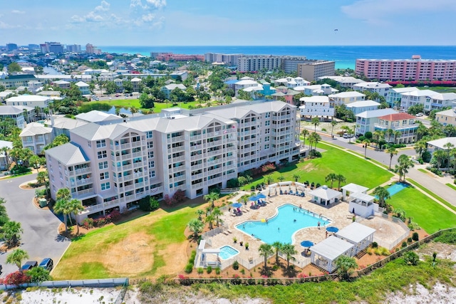 aerial view featuring a water view