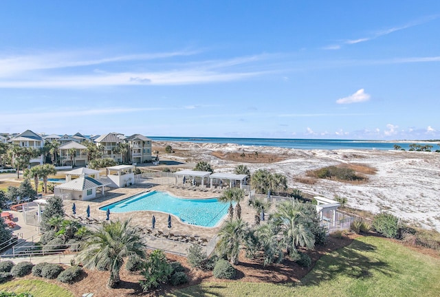 drone / aerial view featuring a water view