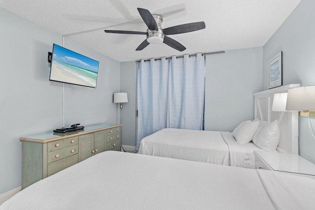 bedroom with a textured ceiling and ceiling fan