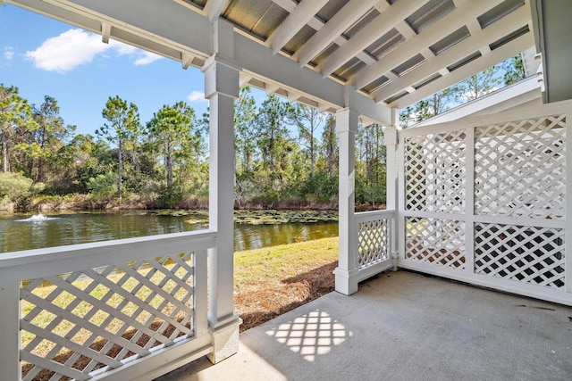 view of patio / terrace featuring a water view