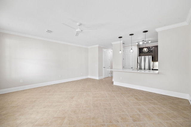 unfurnished living room with light tile patterned floors, ornamental molding, and ceiling fan