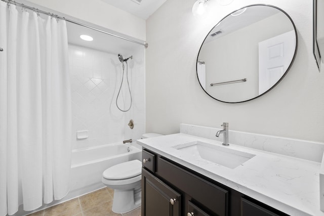 full bathroom with shower / bath combination with curtain, vanity, toilet, and tile patterned flooring