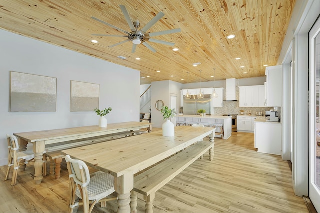 dining space featuring ceiling fan, light hardwood / wood-style floors, and wood ceiling